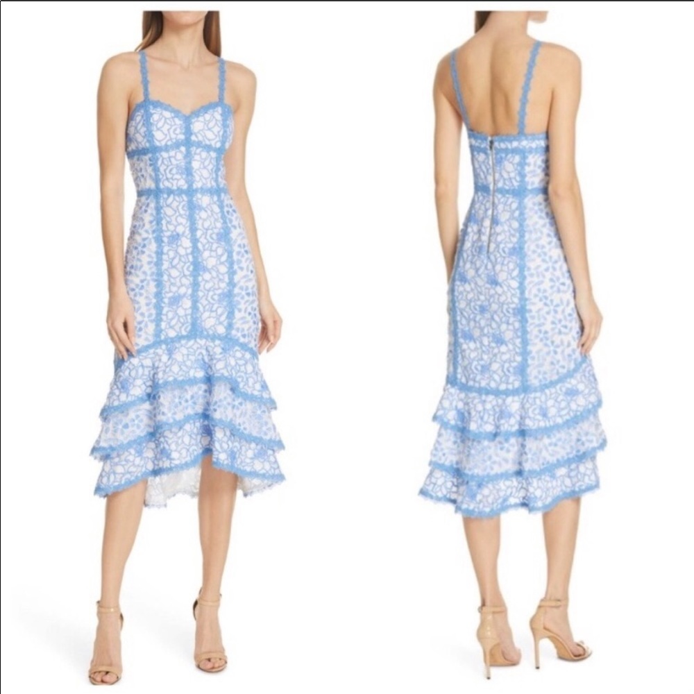 Alice + Olivia Diane floral lace tiered hem midi